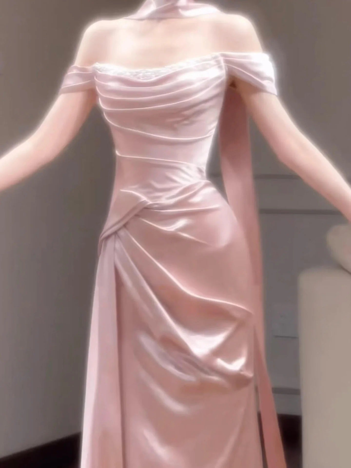 Evening Dress Off-the-Shoulder Blush Pink Satin Gown with High Neck Choker Ruched Bodice Draped Skirt and Side Train