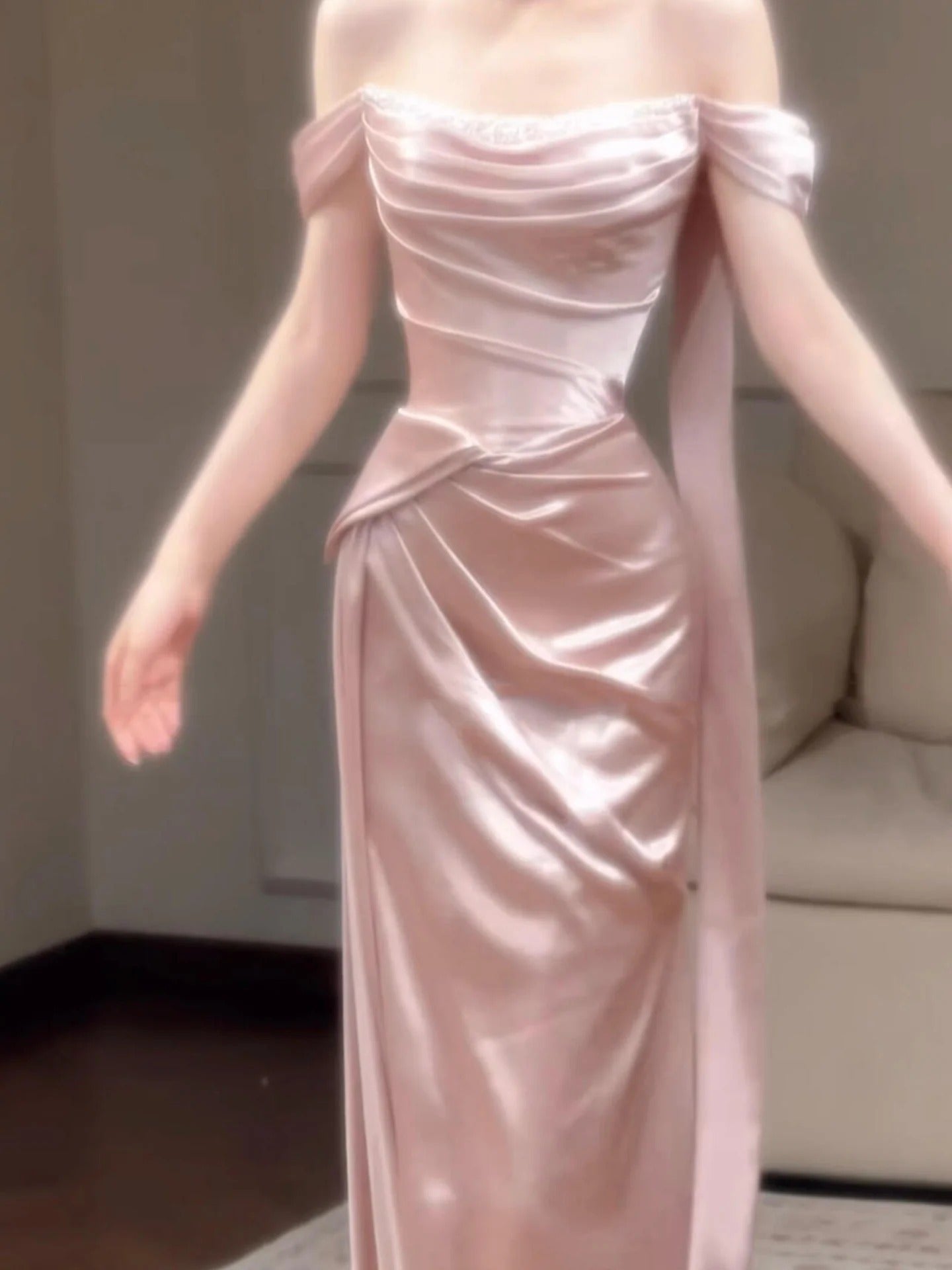 Evening Dress Off-the-Shoulder Blush Pink Satin Gown with High Neck Choker Ruched Bodice Draped Skirt and Side Train