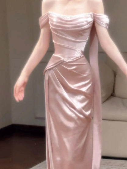 Evening Dress Off-the-Shoulder Blush Pink Satin Gown with High Neck Choker Ruched Bodice Draped Skirt and Side Train