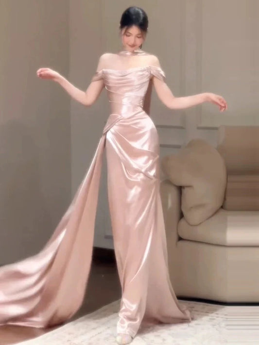 Evening Dress Off-the-Shoulder Blush Pink Satin Gown with High Neck Choker Ruched Bodice Draped Skirt and Side Train