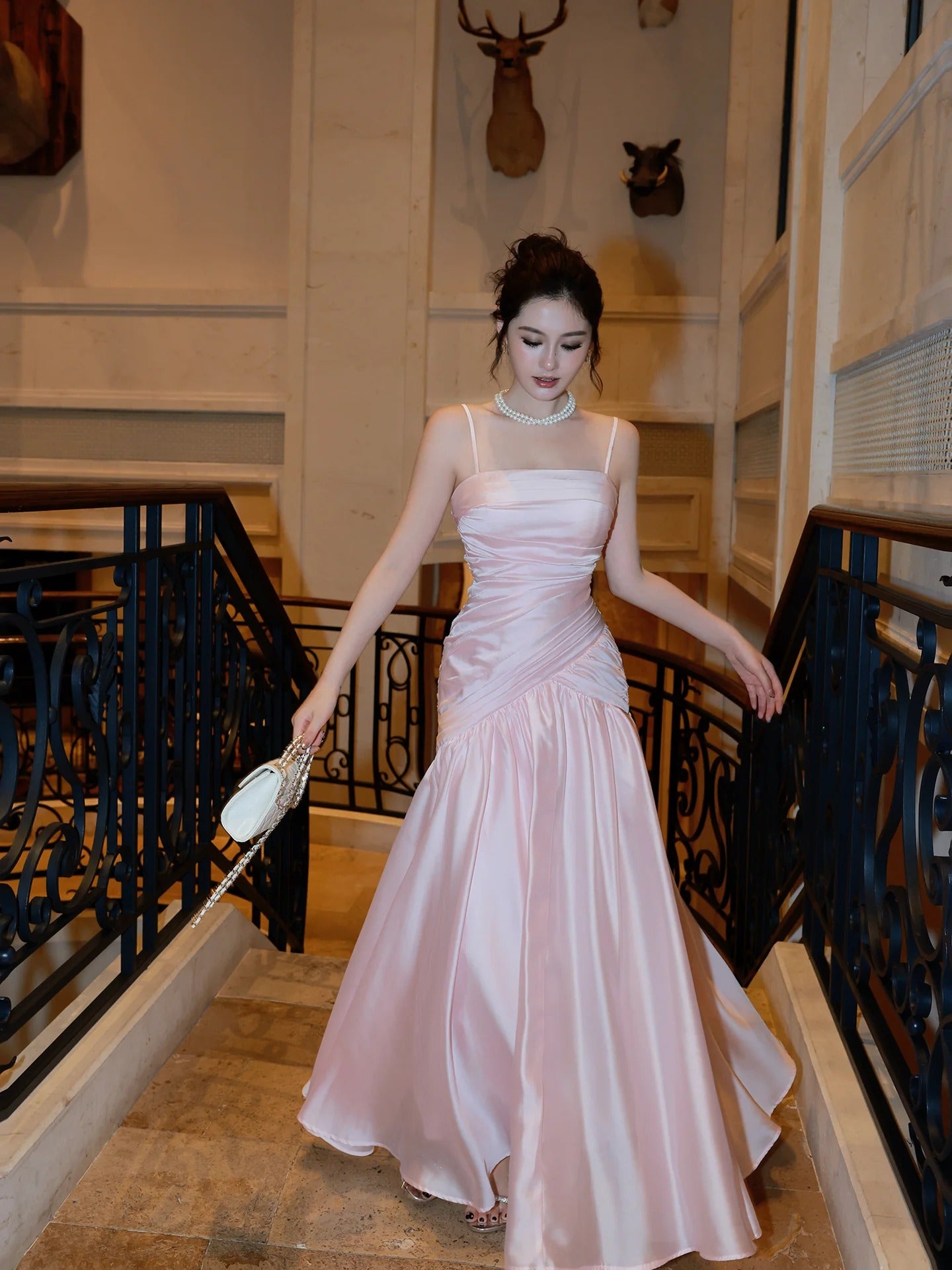 Evening Dress Spaghetti Strap Blush Pink Satin Maxi Dress with Ruched Bodice and Flowing A-Line Skirt