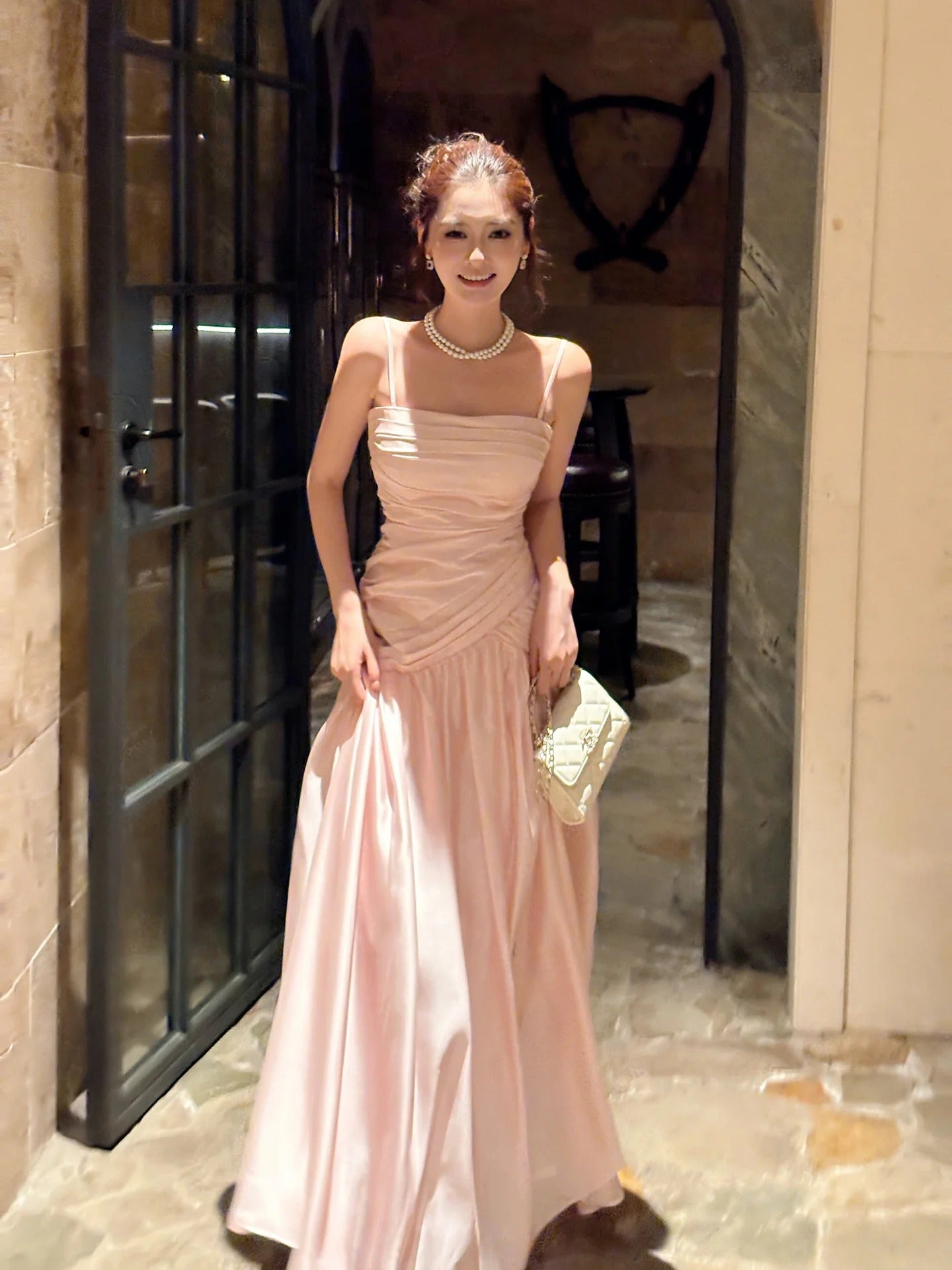 Evening Dress Spaghetti Strap Blush Pink Satin Maxi Dress with Ruched Bodice and Flowing A-Line Skirt