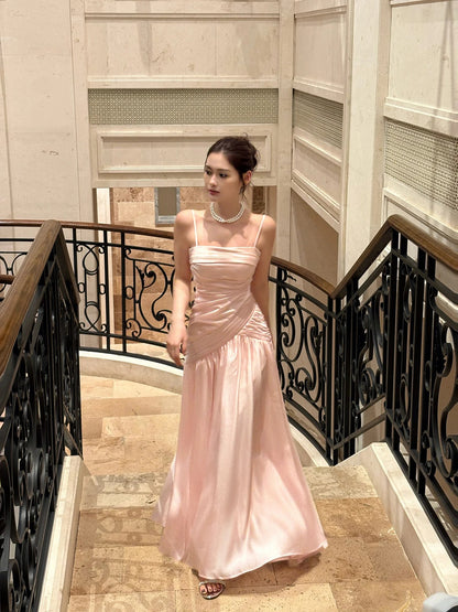 Evening Dress Spaghetti Strap Blush Pink Satin Maxi Dress with Ruched Bodice and Flowing A-Line Skirt