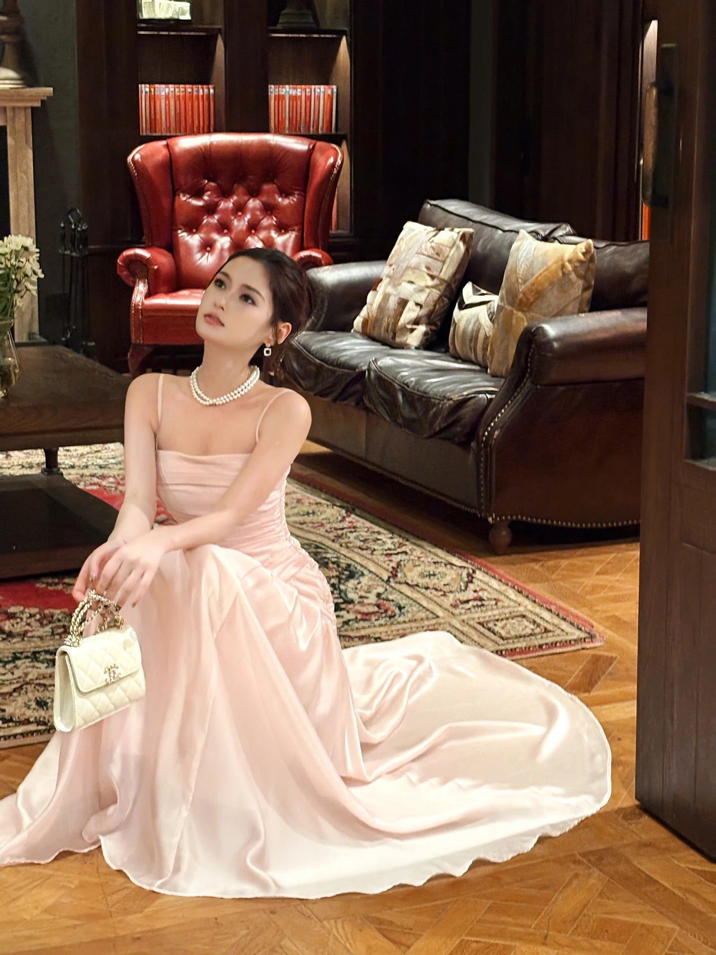Evening Dress Spaghetti Strap Blush Pink Satin Maxi Dress with Ruched Bodice and Flowing A-Line Skirt