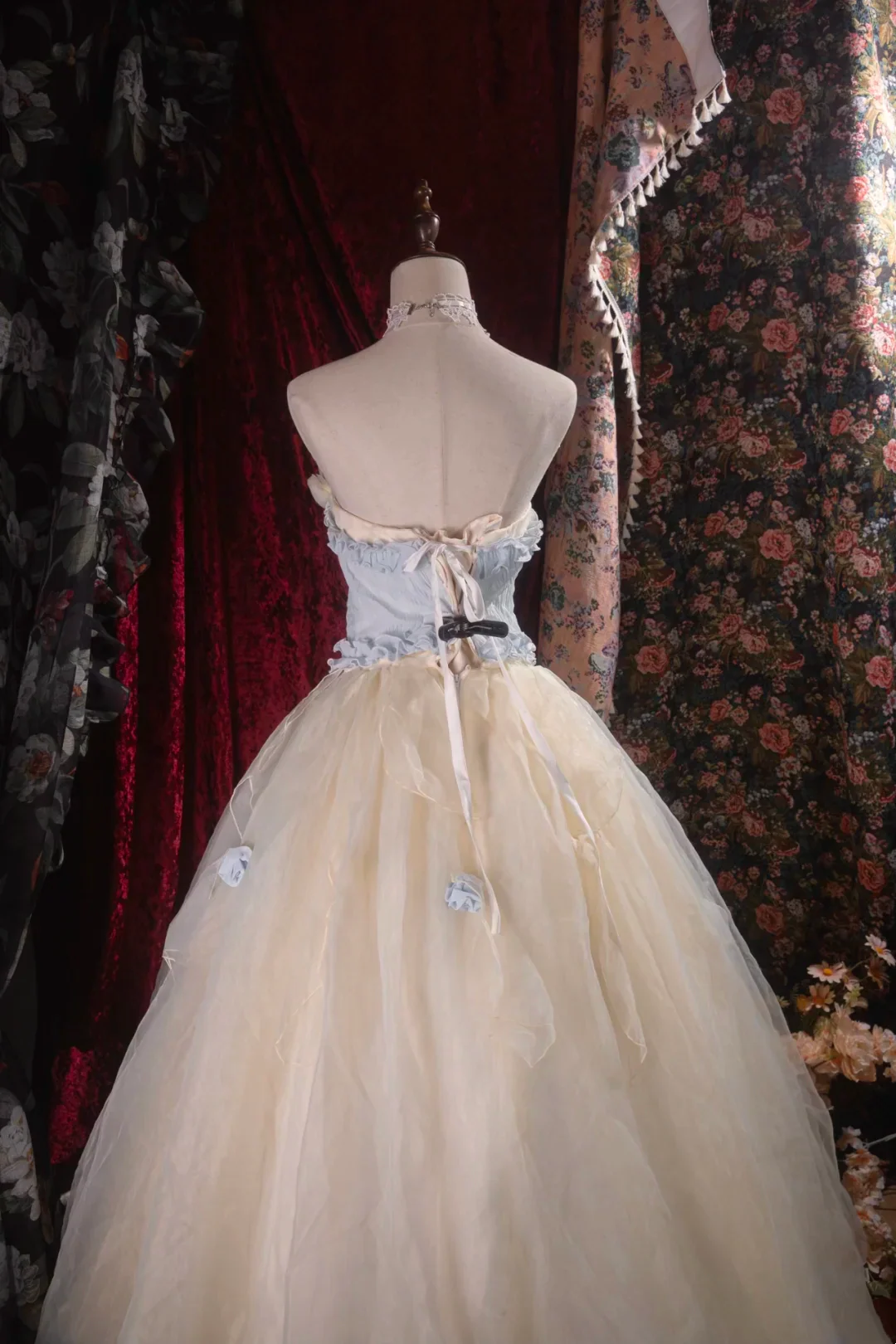 Evening Dress Strapless Light Blue and Cream Tulle Ball Gown with 3D Floral Appliqués Ruffled Bodice Lace-Up Back and Matching Choker