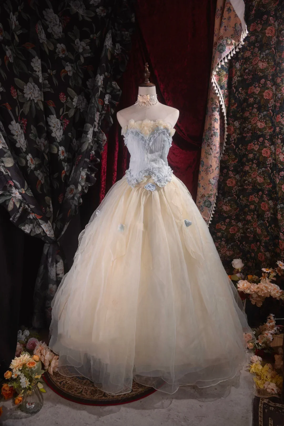 Evening Dress Strapless Light Blue and Cream Tulle Ball Gown with 3D Floral Appliqués Ruffled Bodice Lace-Up Back and Matching Choker