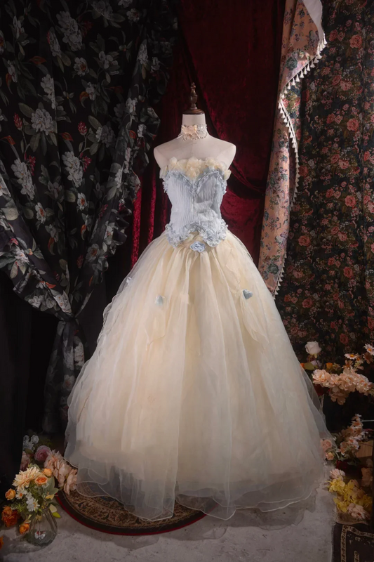 Evening Dress Strapless Light Blue and Cream Tulle Ball Gown with 3D Floral Appliqués Ruffled Bodice Lace-Up Back and Matching Choker