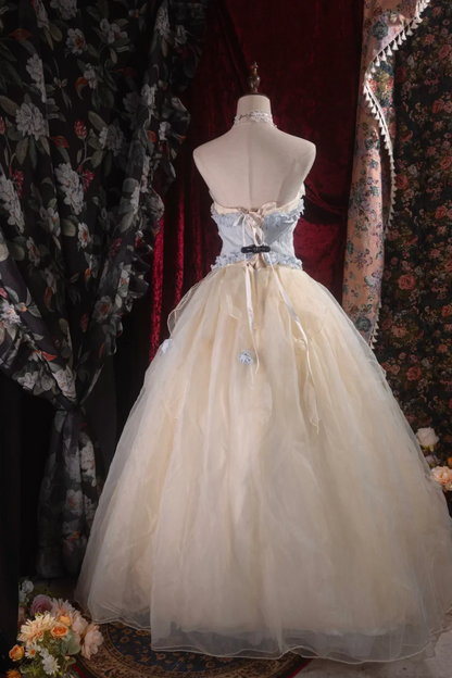 Evening Dress Strapless Light Blue and Cream Tulle Ball Gown with 3D Floral Appliqués Ruffled Bodice Lace-Up Back and Matching Choker