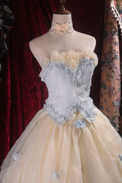 Evening Dress Strapless Light Blue and Cream Tulle Ball Gown with 3D Floral Appliqués Ruffled Bodice Lace-Up Back and Matching Choker