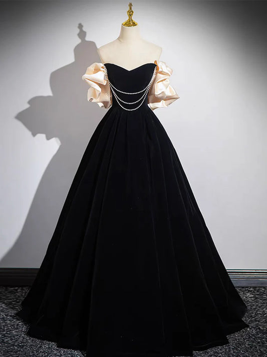 A-Line Black Velvet Long Evening Dress Black Long Evening Dress