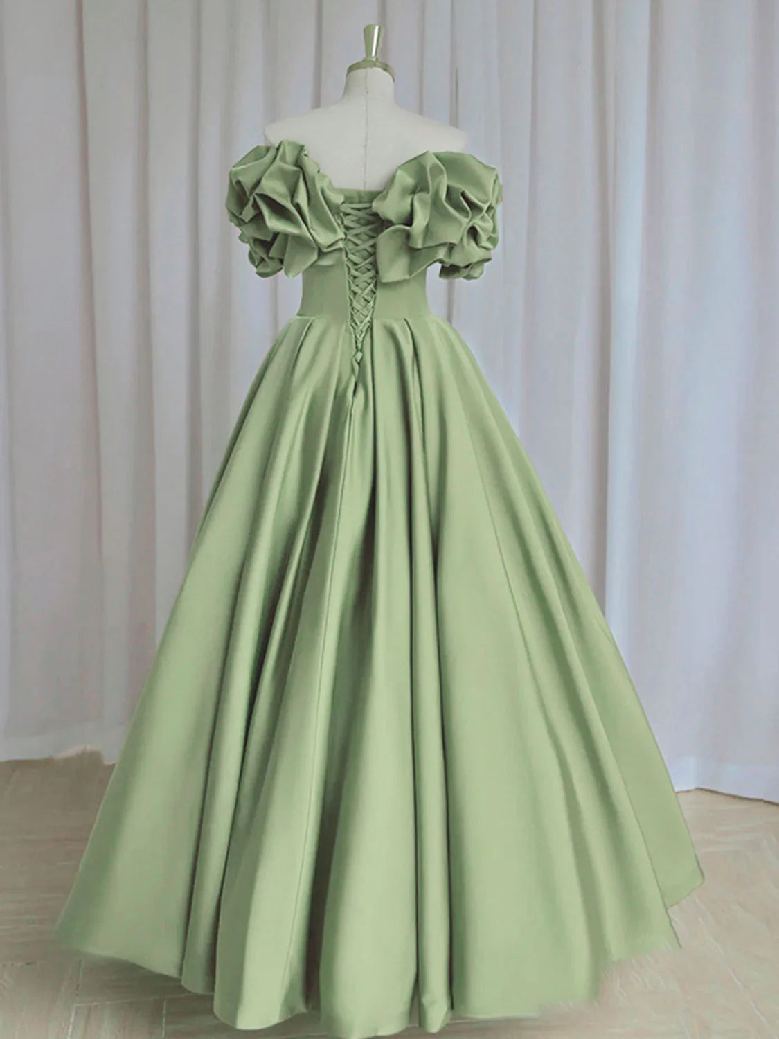 A-Line off Shoulder Satin Green Long Prom Dress Green Prom Dresses