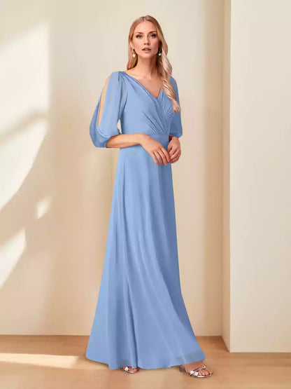 Exquisite A-line/Princess V-neck Half Sleeve Chiffon Mother of the Bride Dresses