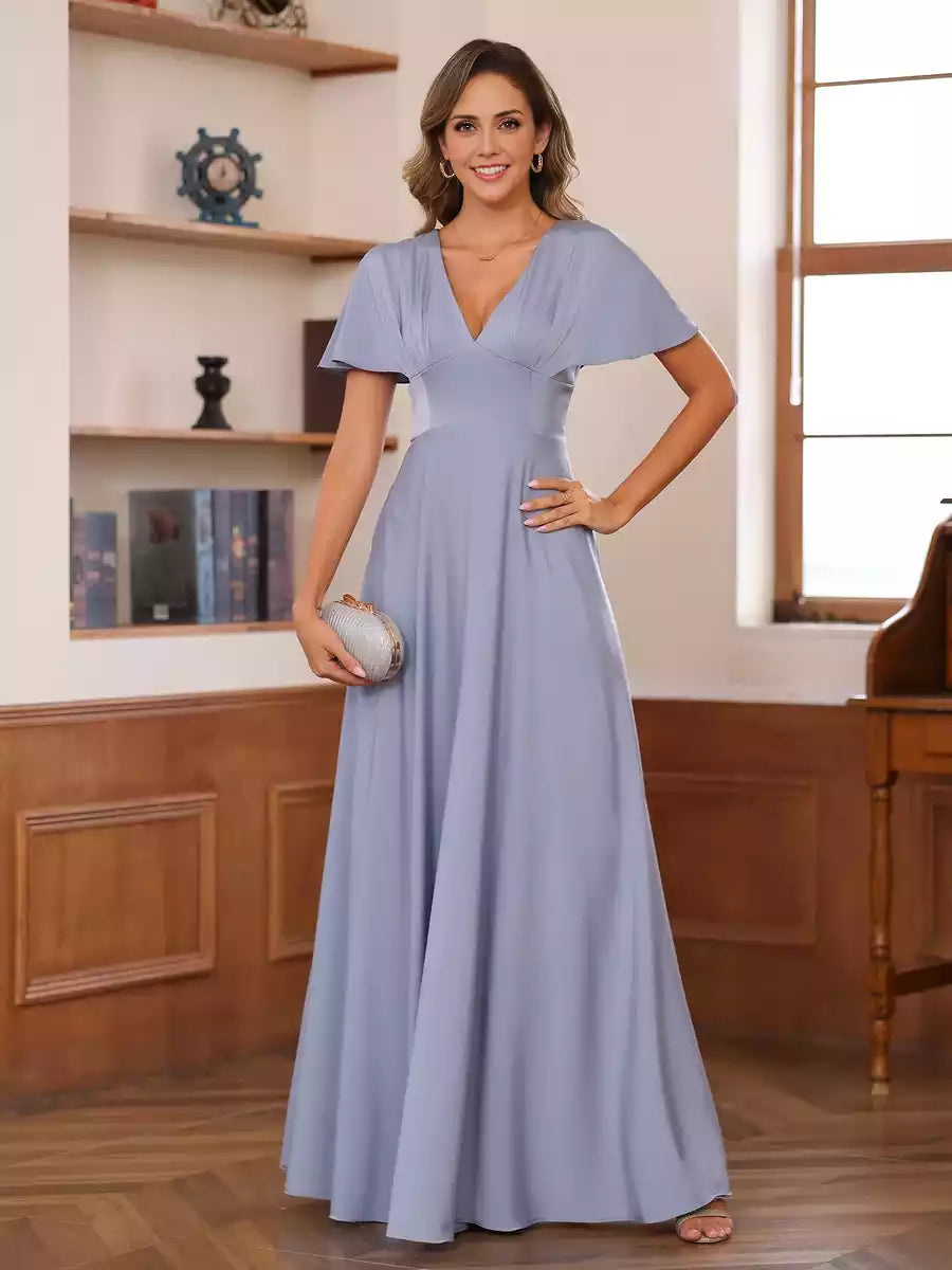 Exquisite A-line/Princess style V-neck short sleeved pleated Mother of the Bride Dresses