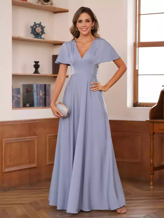 Exquisite A-line/Princess style V-neck short sleeved pleated Mother of the Bride Dresses