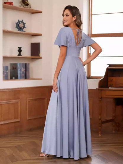 Exquisite A-line/Princess style V-neck short sleeved pleated Mother of the Bride Dresses