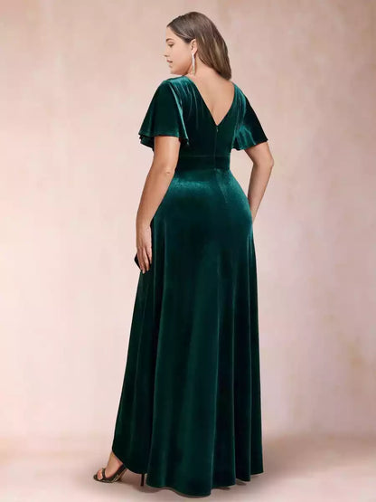 Exquisite A-line/princess style V-neck short sleeved velvet plus size side slit Mother of the Bride Dresses