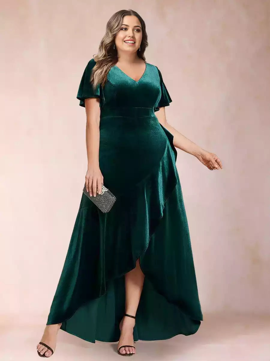 Exquisite A-line/princess style V-neck short sleeved velvet plus size side slit Mother of the Bride Dresses