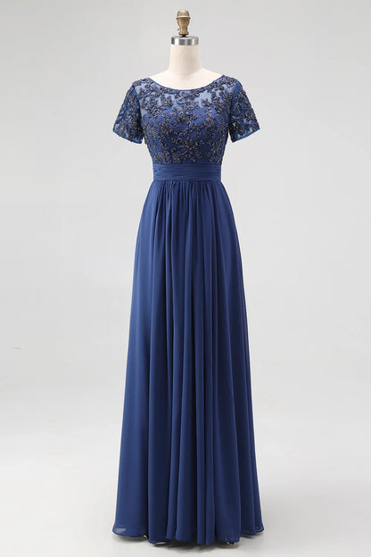 Exquisite and elegant A-line boat collar decal long bridal mother dress