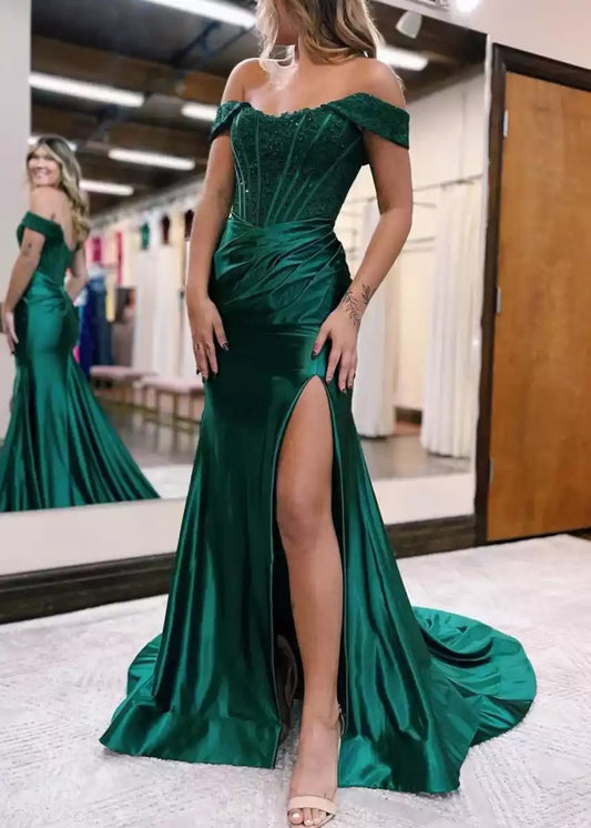 Exquisite and elegant satin off shoulder slit adorned with applique sequins sleeveless corset and Prom Dresses
