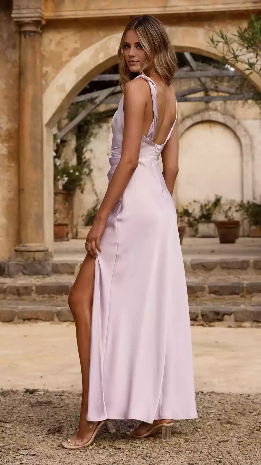 Exquisite asymmetrical hanging collar, twisted shoulder strap, thin shoulder strap, invisible back zipper, side pleats, slit, Prom Dresses