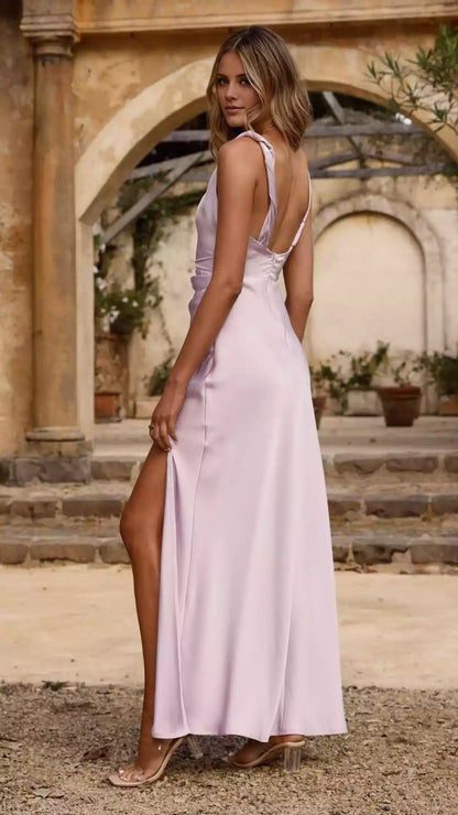 Exquisite asymmetrical hanging collar, twisted shoulder strap, thin shoulder strap, invisible back zipper, side pleats, slit, Prom Dresses