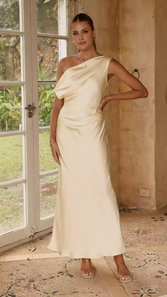 Exquisite asymmetrical off shoulder invisible zipper with side pleats and fully lined Prom Dresses