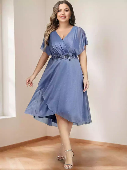 Exquisite chiffon A-line/princess V-neck short sleeved knee length plus size Mother of the Bride Dresses