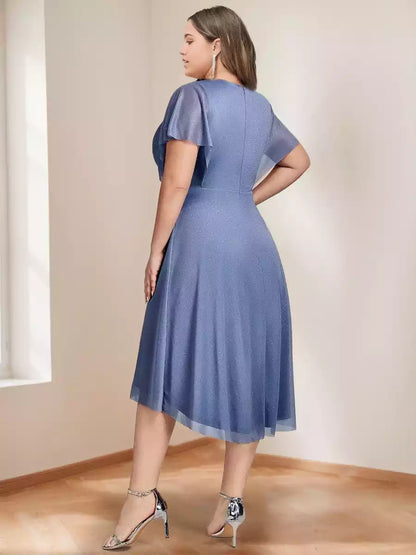 Exquisite chiffon A-line/princess V-neck short sleeved knee length plus size Mother of the Bride Dresses