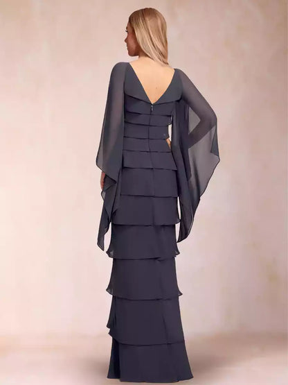 Exquisite chiffon slim fit/straight V-neck and floor ruffle sleeve sequin decal Mother of the Bride Dresses