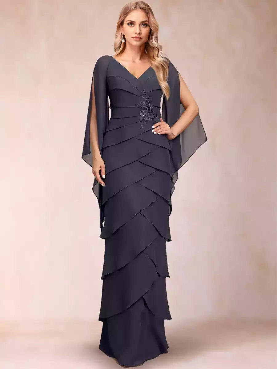 Exquisite chiffon slim fit/straight V-neck and floor ruffle sleeve sequin decal Mother of the Bride Dresses