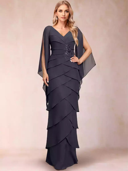 Exquisite chiffon slim fit/straight V-neck and floor ruffle sleeve sequin decal Mother of the Bride Dresses