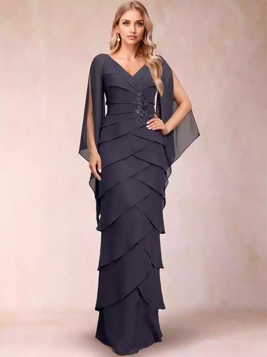 Exquisite chiffon slim fit/straight V-neck and floor ruffle sleeve sequin decal Mother of the Bride Dresses