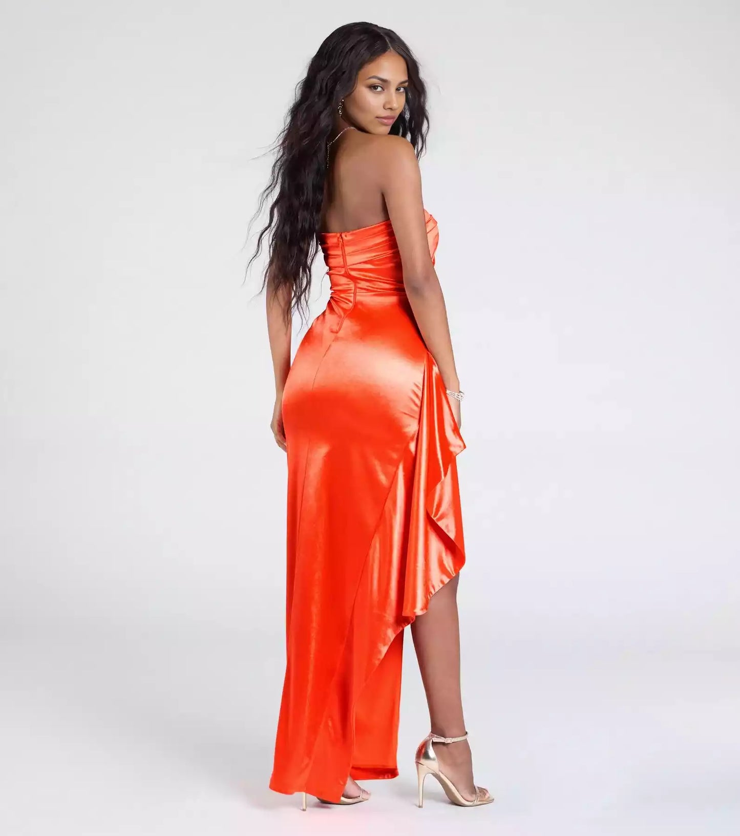 Exquisite elastic satin strapless folding collar, back zipper, high side pleats, slits Prom Dresses