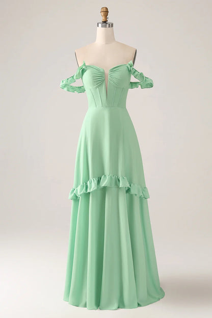 Exquisite ruffled A-line off shoulder tight chiffon long pleated bridesmaid dress