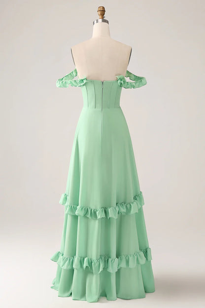 Exquisite ruffled A-line off shoulder tight chiffon long pleated bridesmaid dress