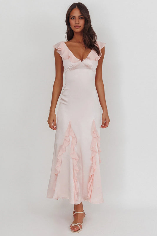 Exquisite ruffled unlined bridesmaid dress with zipper back