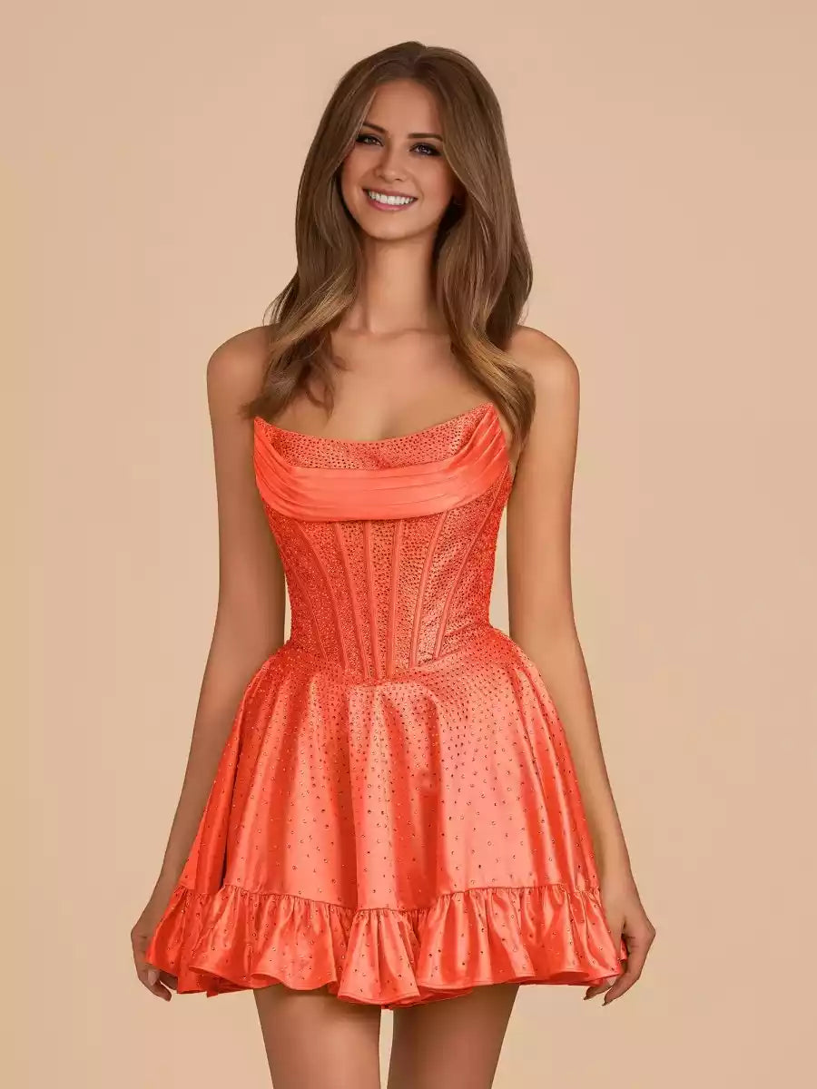 Exquisite satin A-line silhouette tight corset with ruffled edges, round neck, sleeveless lace up, Homecoming Dresses back