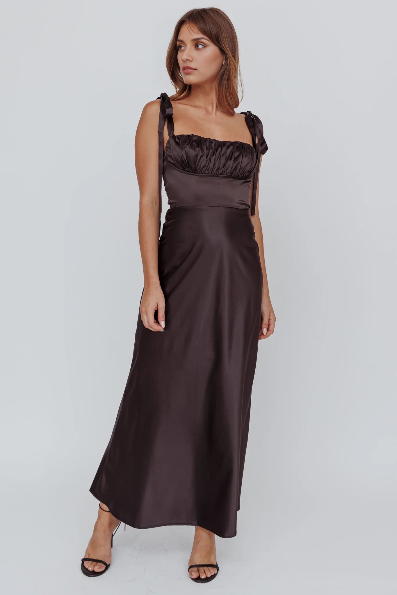Exquisite semi lined shoulder tied bust with zippered back bridesmaid dress