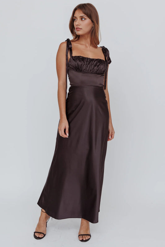 Exquisite semi lined shoulder tied bust with zippered back bridesmaid dress