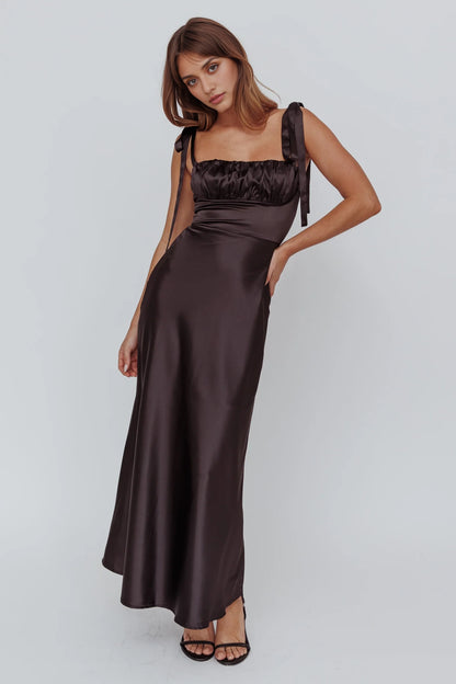 Exquisite semi lined shoulder tied bust with zippered back bridesmaid dress