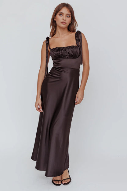 Exquisite semi lined shoulder tied bust with zippered back bridesmaid dress
