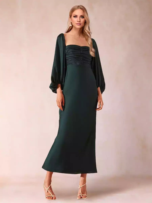 Exquisite slim fit/straight tube sweetheart collar pleated long sleeved elegant Mother of the Bride Dresses