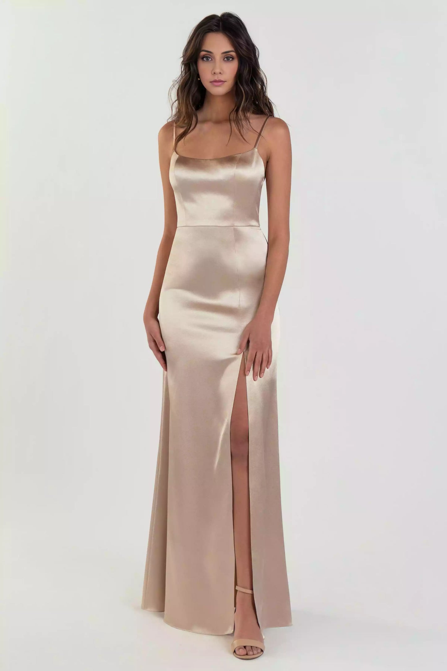 Exquisite slim shoulder strap round neck satin tight corset A-line skirt side slit Bridesmaid Dresses