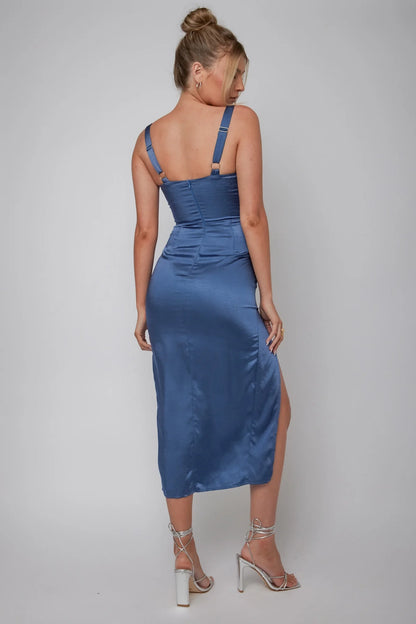Exquisite square neckline, adjustable shoulder straps, front slit, back with zipper bridesmaid dress