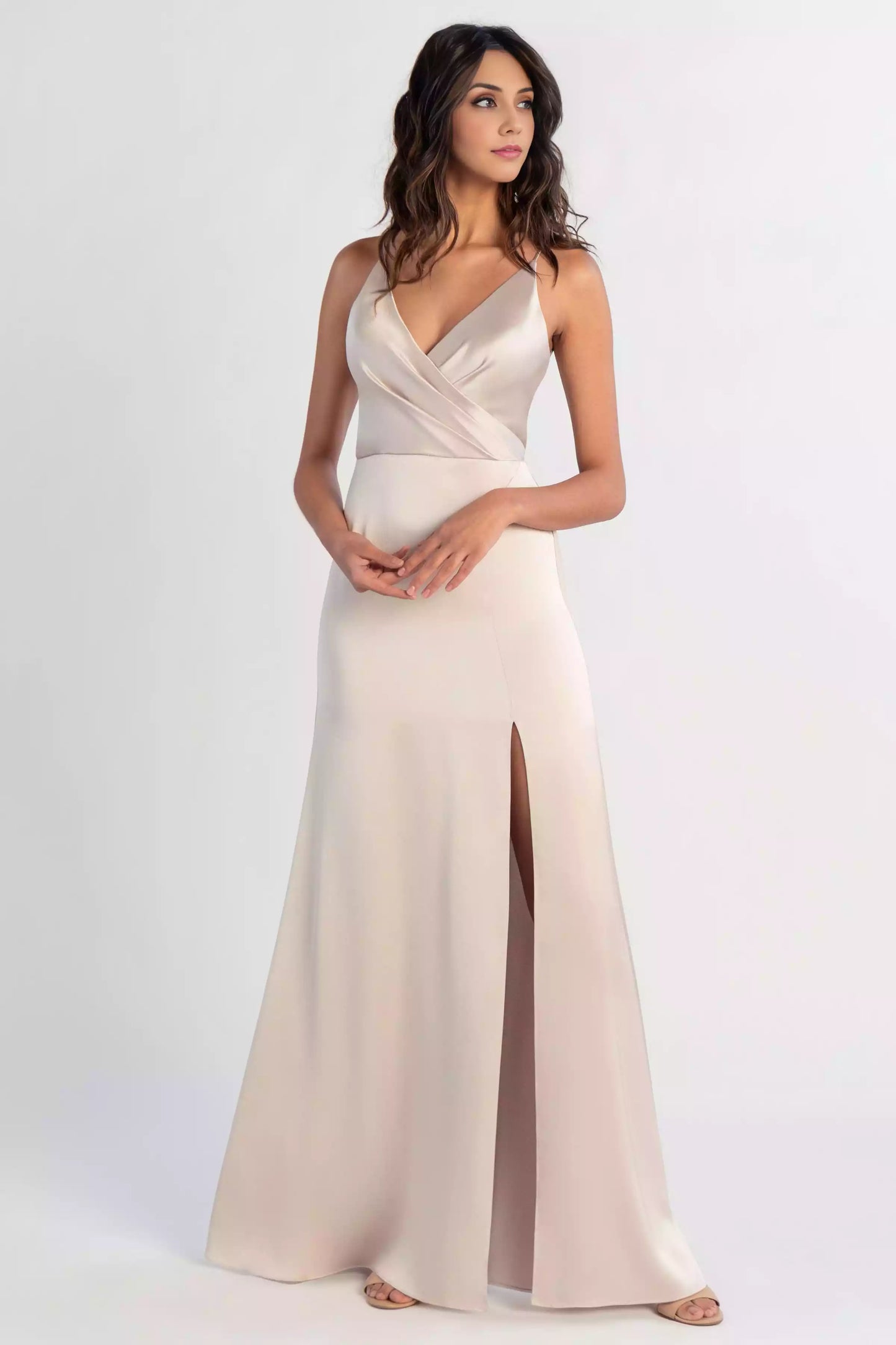 Exquisite thin shoulder strap V-neck satin imitation diagonal pleated slim fit A-line skirt slit Bridesmaid Dresses