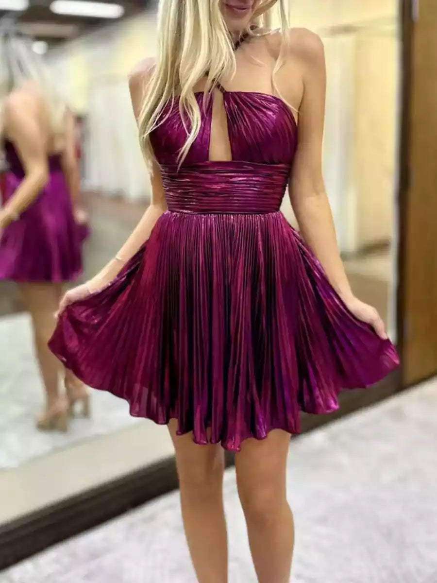 Exquisite thin shoulder straps, pleated hollow out short style, backless, sleeveless, lace up back, Homecoming Dresses