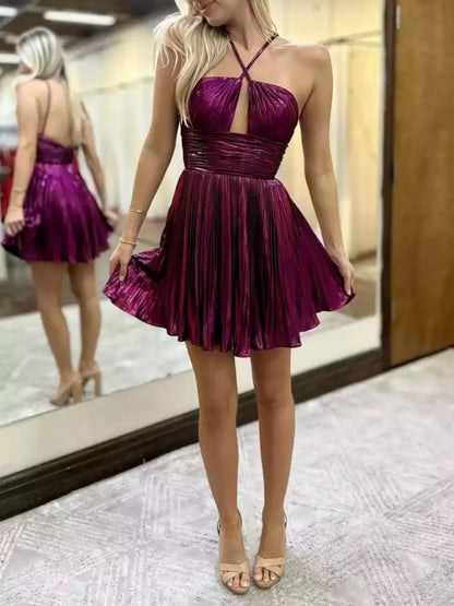 Exquisite thin shoulder straps, pleated hollow out short style, backless, sleeveless, lace up back, Homecoming Dresses