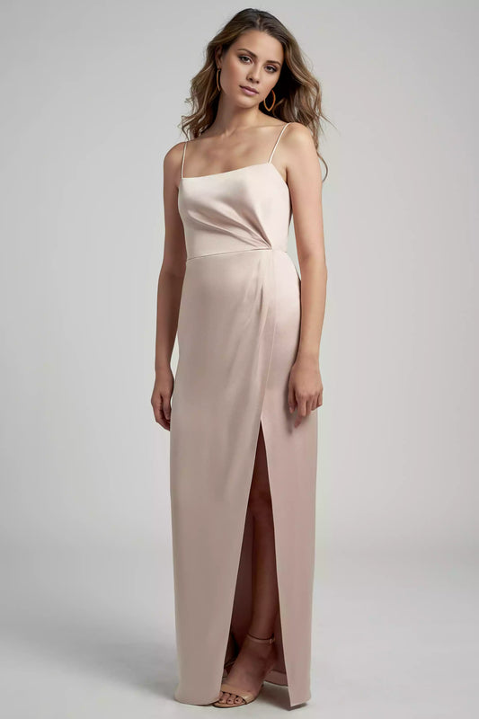Exquisite thin shoulder strap satin straight neck diagonal pleated tight corset straight tube skirt Bridesmaid Dresses