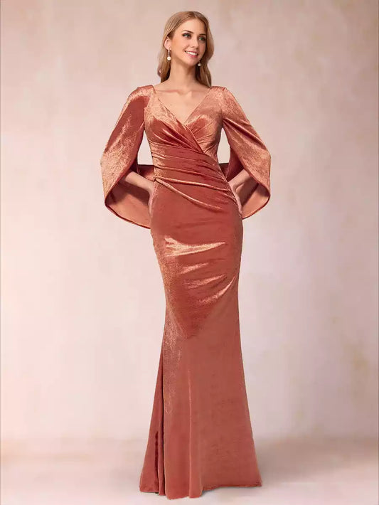 Exquisite trumpet/mermaid V-neck half sleeve and floor Mother of the Bride Dresses