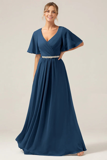 Eye catching A-line V-neck chiffon short sleeved and chiffon bridal mother gown